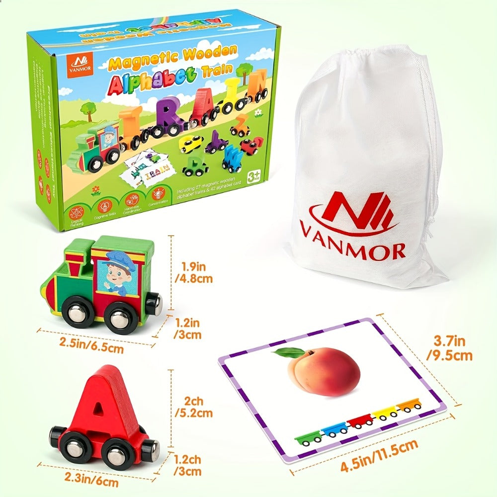 Magnetic Wooden Alphabet Train Set 27PCS ABC Letter Learning Toy with 42 Double-Sided Flash Cards — image 3