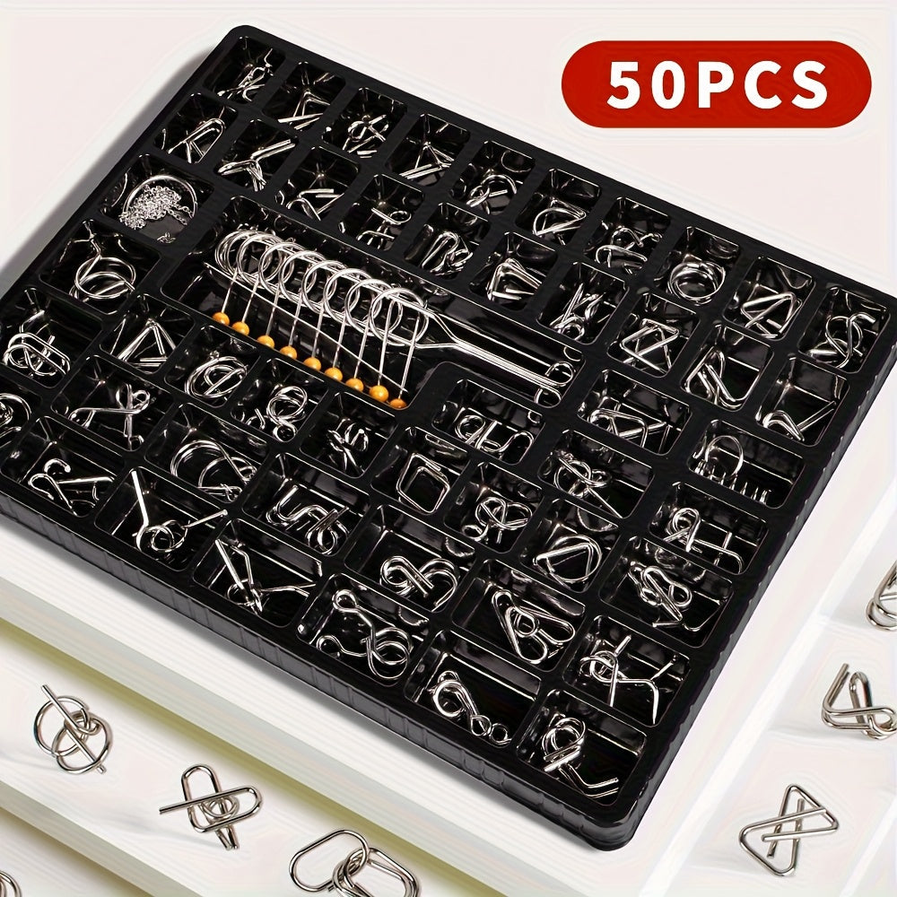 Metal Brain Teaser Puzzle Set 50 Pack, Golden Unlock Iron Chain Link Toys, Nine Rings Kongming Lock — image 8