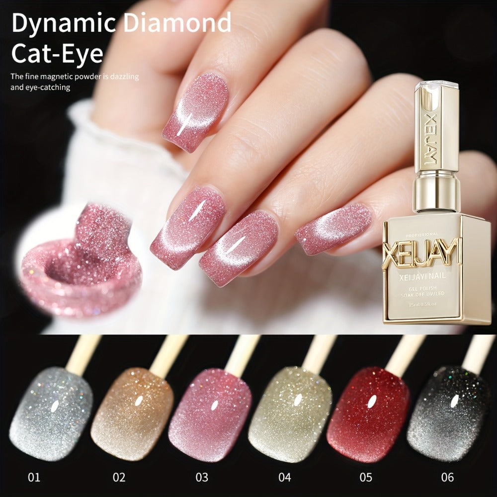 Gel Nail Polish Six-Color Magnetic Cat Eye Set with Sparkling Star and Rhinestone Effects for Nail Art — image 7