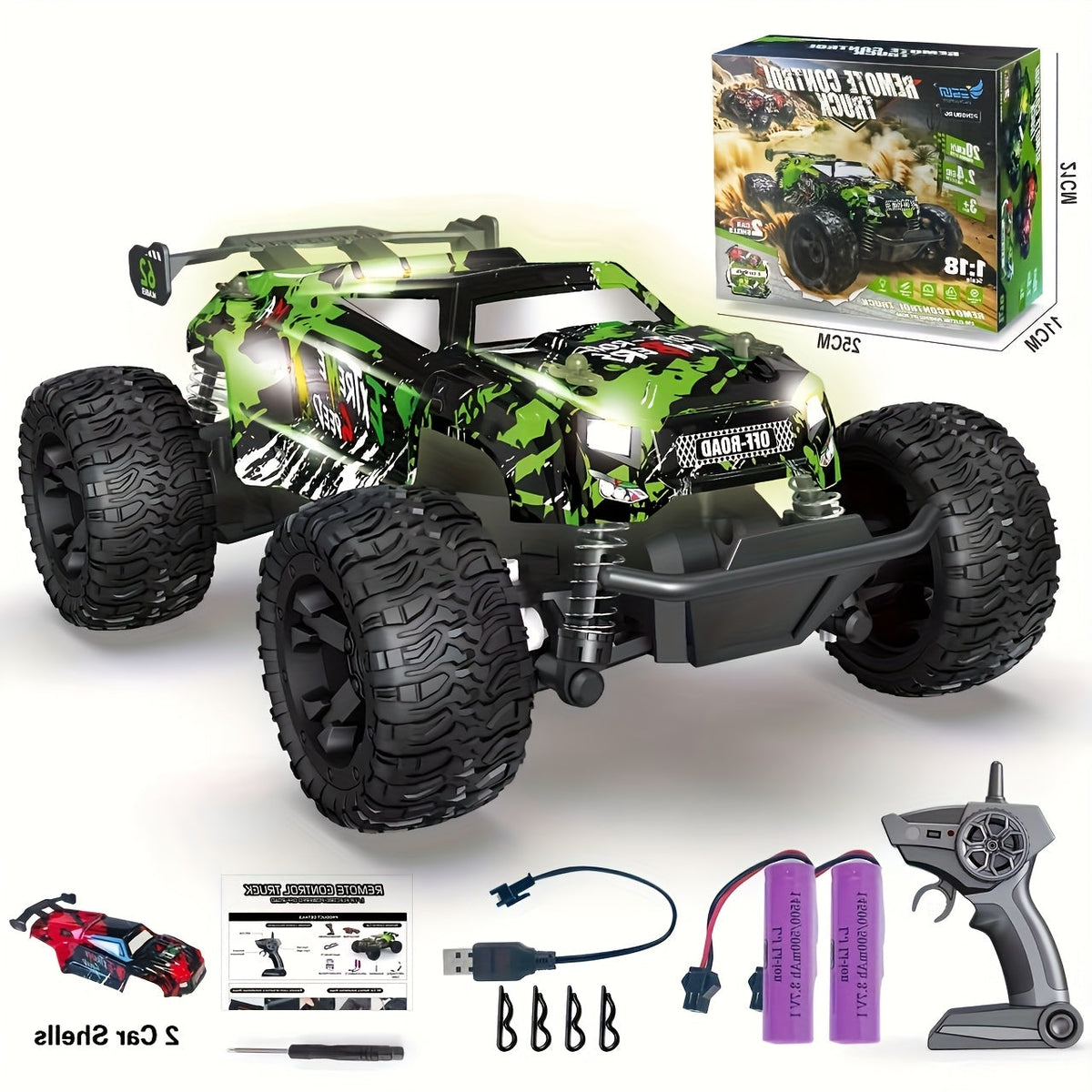 RC Monster Truck 4WD Green Off-Road Style Vehicle with LED Details, 2.4G Remote Controller and Treaded Tires — image 14