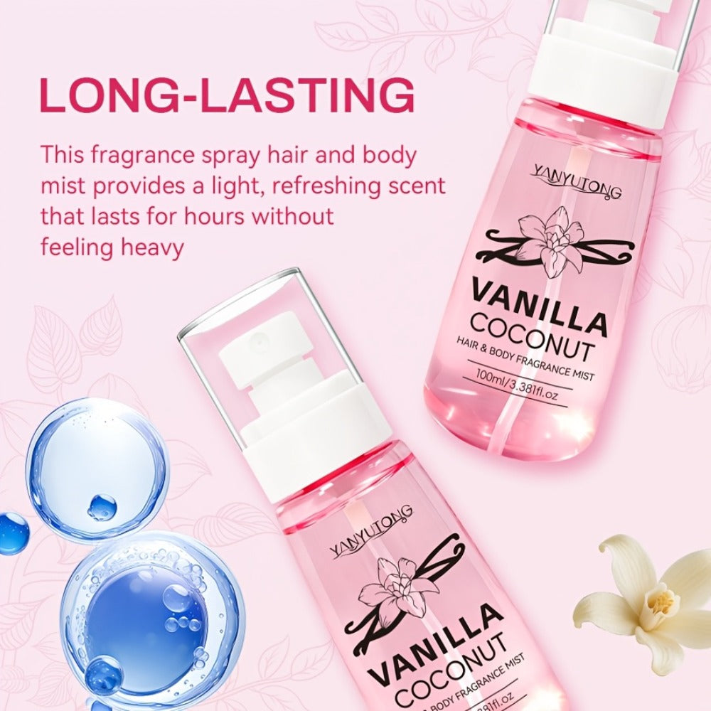 Coconut Vanilla Fragrance Mist Hair & Body Spray – Alcohol-Free with Vitamin E, Argan Oil & Glycerin, Moisturizing Long-Lasti