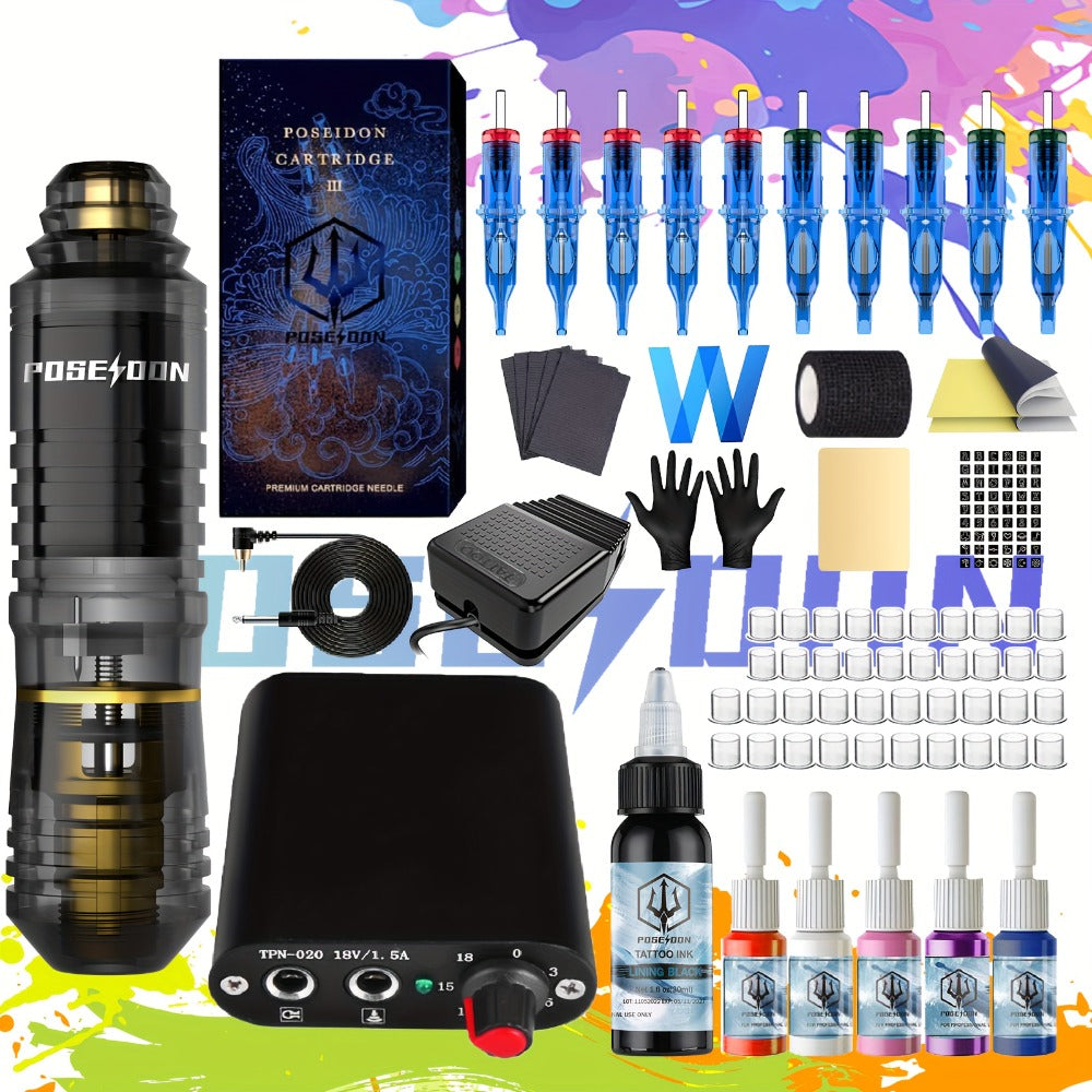 POSEIDON BT18-XH Tattoo Kit with Rotary Pen, Wired Power Supply, Foot Pedal, 10 Cartridges and 6 Inks — image 1