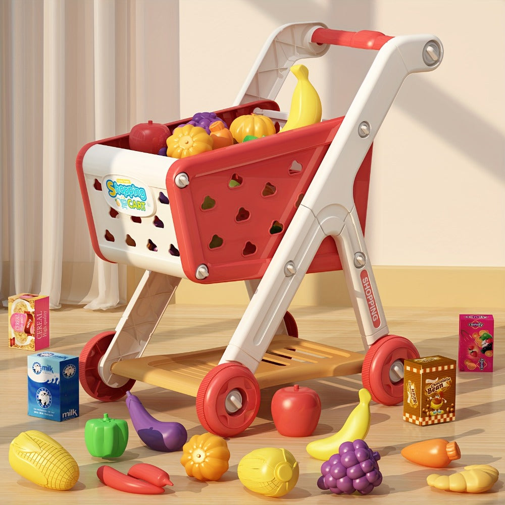 Kids Pretend Play Shopping Cart Toy Set with Realistic Food & Grocery Accessories, Supermarket Role Play for Toddlers Girls B