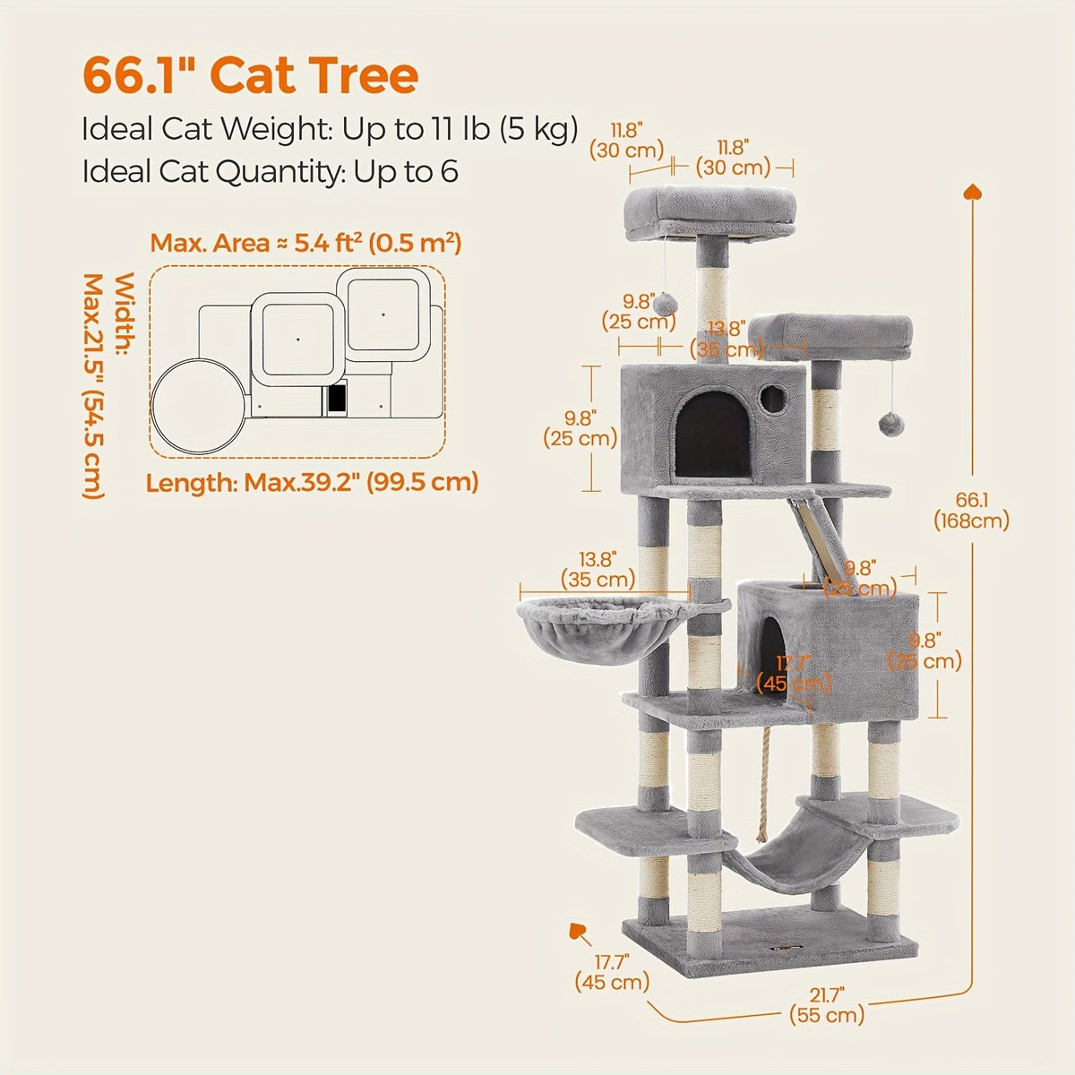 44- or 66-Inch Cat Tree Condo with Cave, Hammock, Raised Platforms and Four Color Options for Indoor Cats — image 12