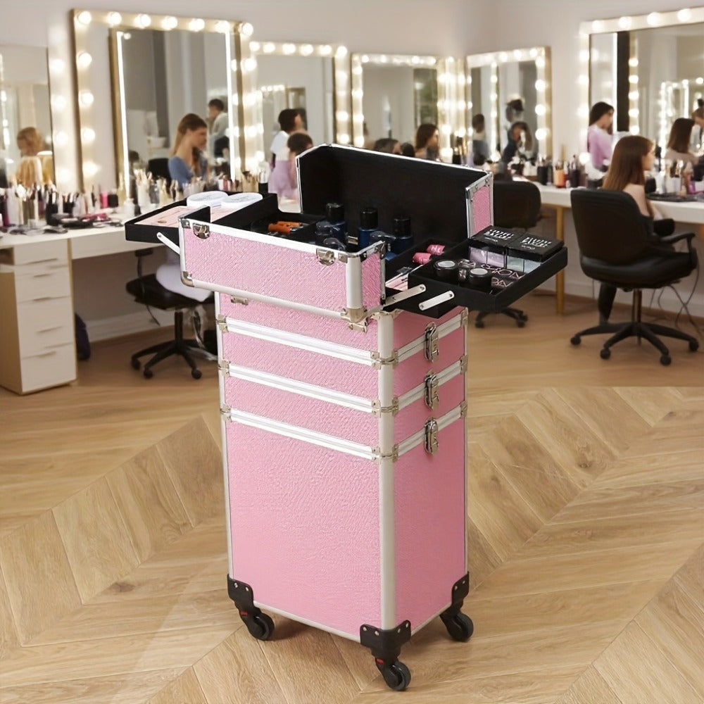 Rolling Makeup Case Aluminum 4-in-1 Extra Large Professional Cosmetic Trolley with 360° Swivel Wheels for Makeup Artist Tatto
