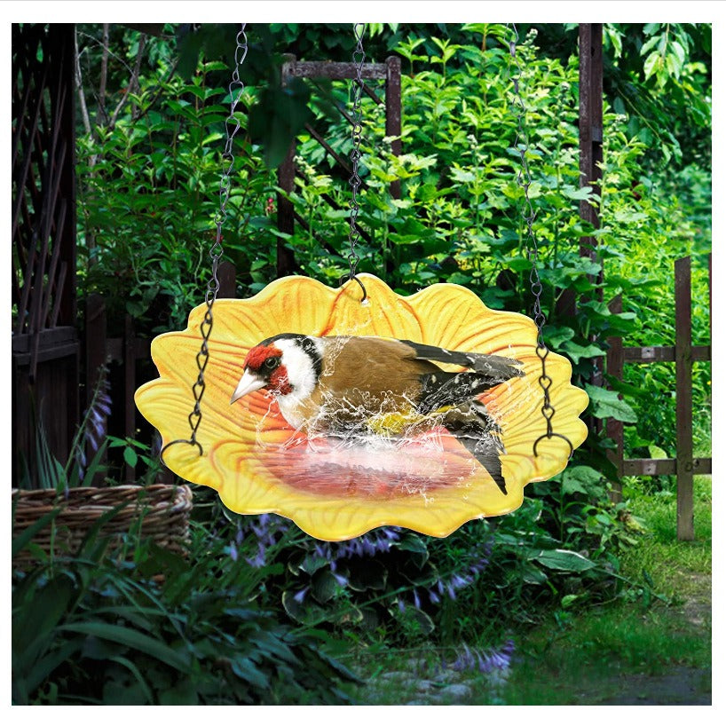 Solar Hanging Bird Bath for Outdoors 24 inch Glass Bird Feeder Sunflower Tray Crackle Ball Light Waterproof Yard Garden Decorati
