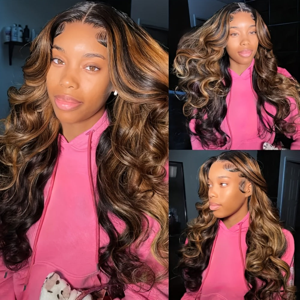 200% Density Lace Front Wig Human Hair Brown Highlights Long Wavy Pre-Plucked Glueless Heat, for Home, Travel and Salon Hair 