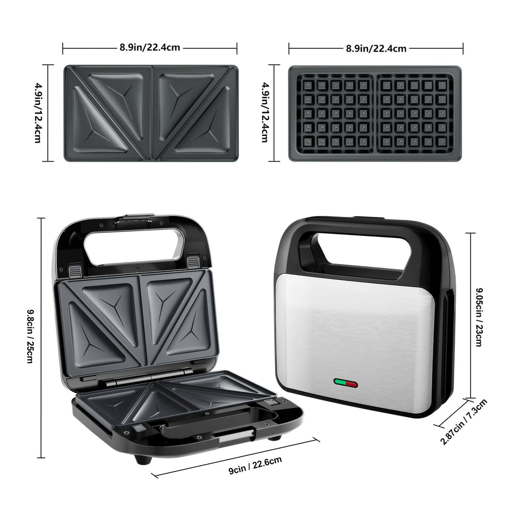 Sandwich Maker 3-in-1 Panini Press & Waffle Iron 750W with Removable Non-Stick Plates, Compact for Dorm — image 3