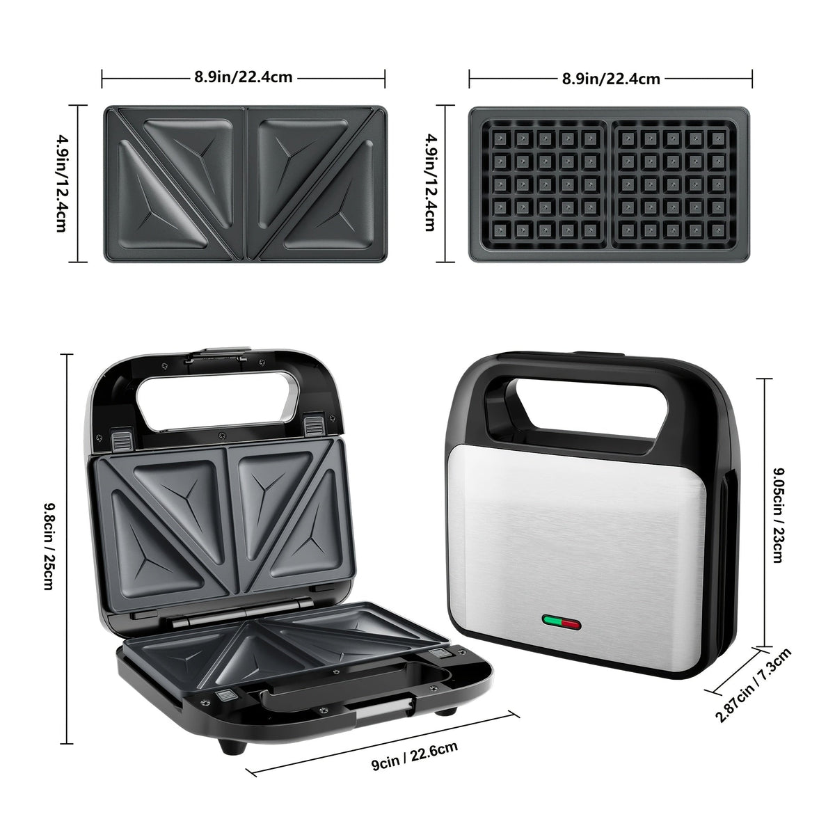 Sandwich Maker 3-in-1 Panini Press & Waffle Iron 750W with Removable Non-Stick Plates, Compact for Dorm — image 3