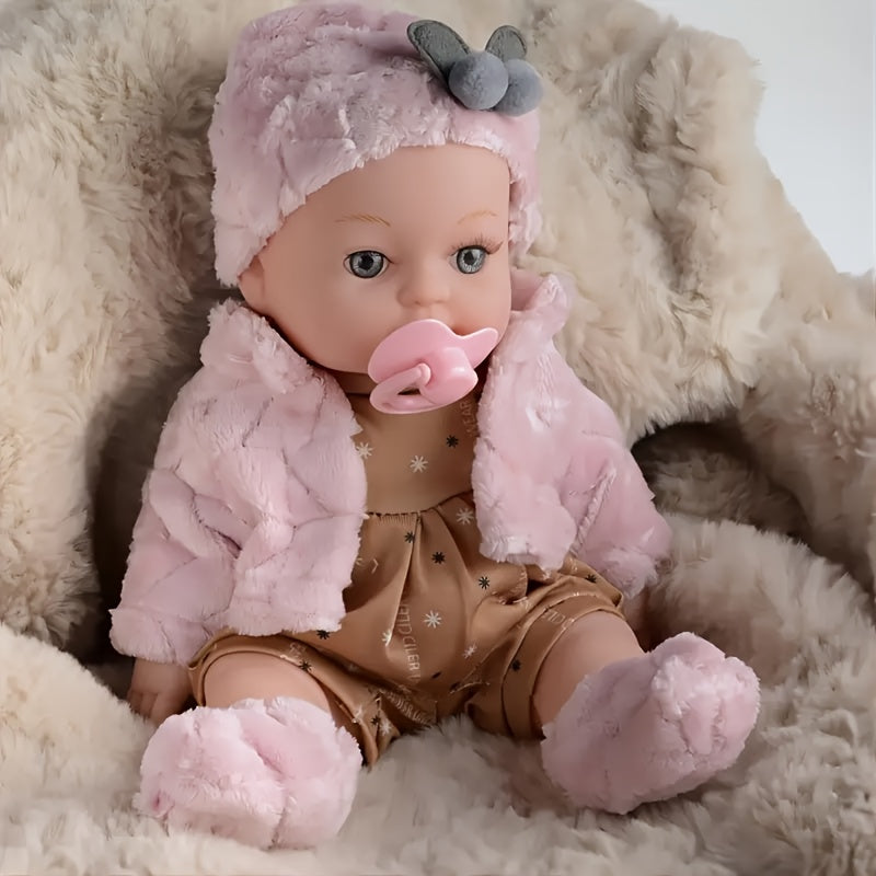 Bunny Ear Baby Doll 12 Inch Pink, Fluffy Bunny Ears PVC Realistic Newborn Comfort Doll, Cute Plush Toy for Boys & Girls Ages 
