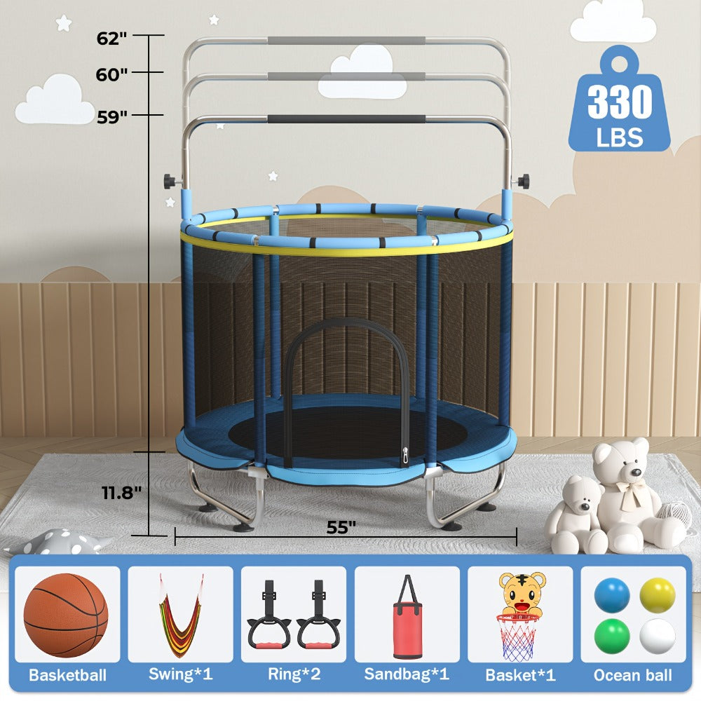 60 Inch Trampoline with Enclosure and Gymnastics Bar, Height Adjustable Indoor Outdoor Round Trampoline with Toys for Kids — 