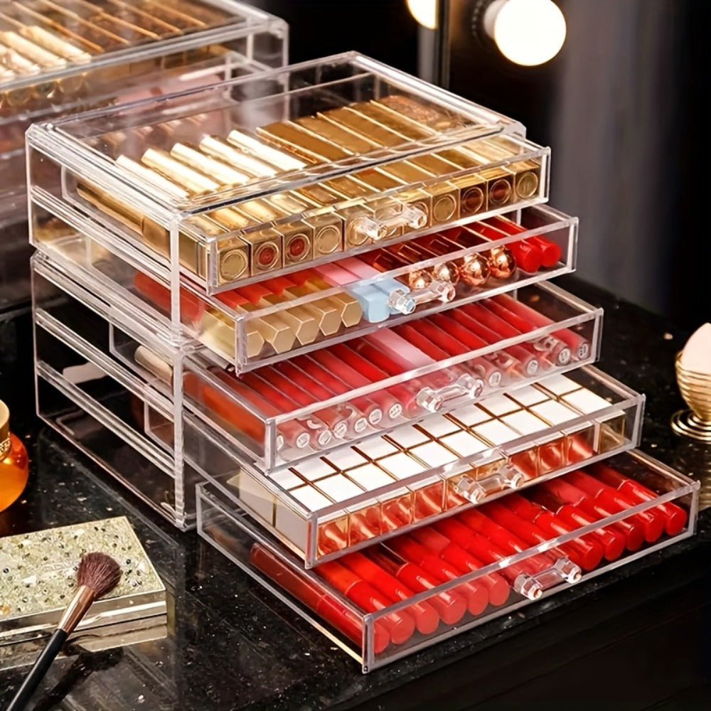 Clear Acrylic Makeup Organizer 5-Tier with Drawers Dustproof Cosmetic Storage for Lipstick Foundation Brushes Skincare — imag