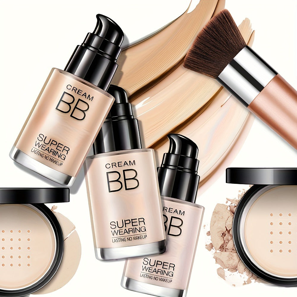 BB Cream Makeup Kit with Loose Setting Powder Brush & Sponge – Full Coverage Waterproof Long-Lasting Hydrating Foundation Set