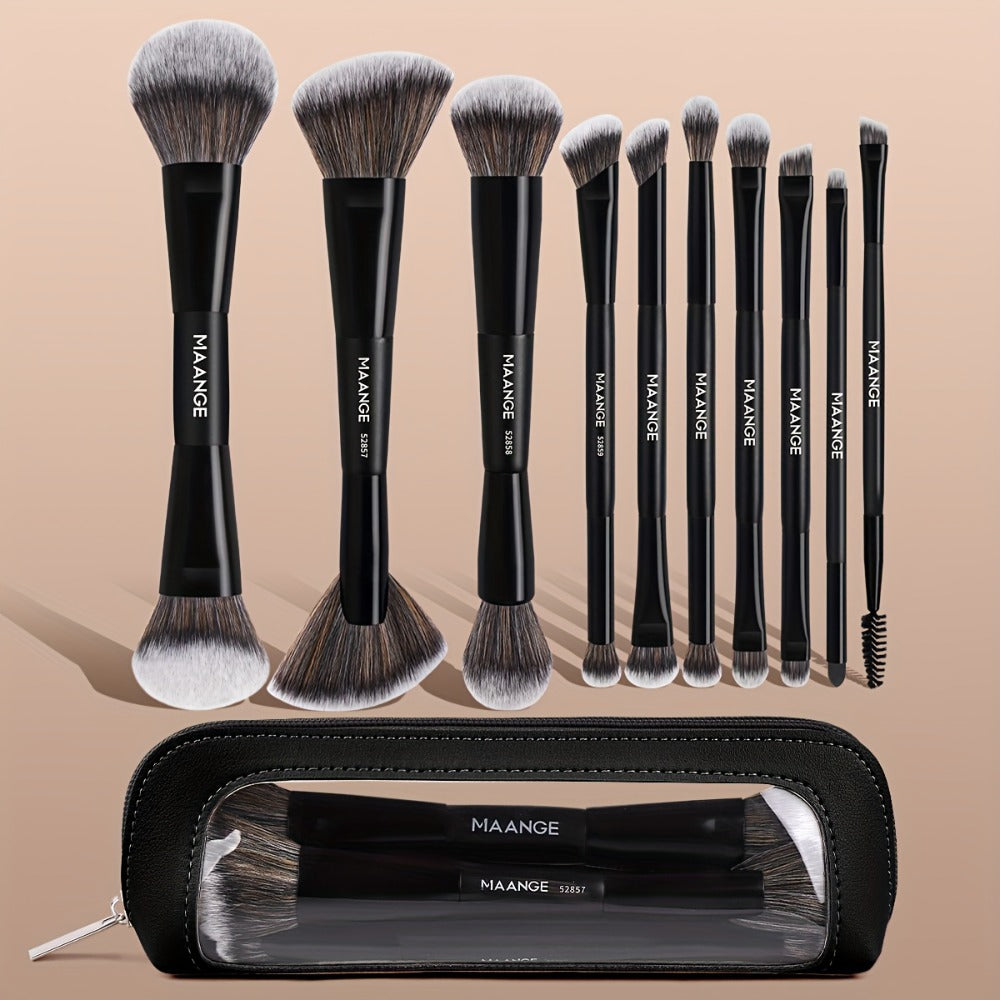 Makeup Brush Set, 10-Piece Double-Ended Nylon Bristle Collection with Cosmetic Bag and Three Color Options — image 2