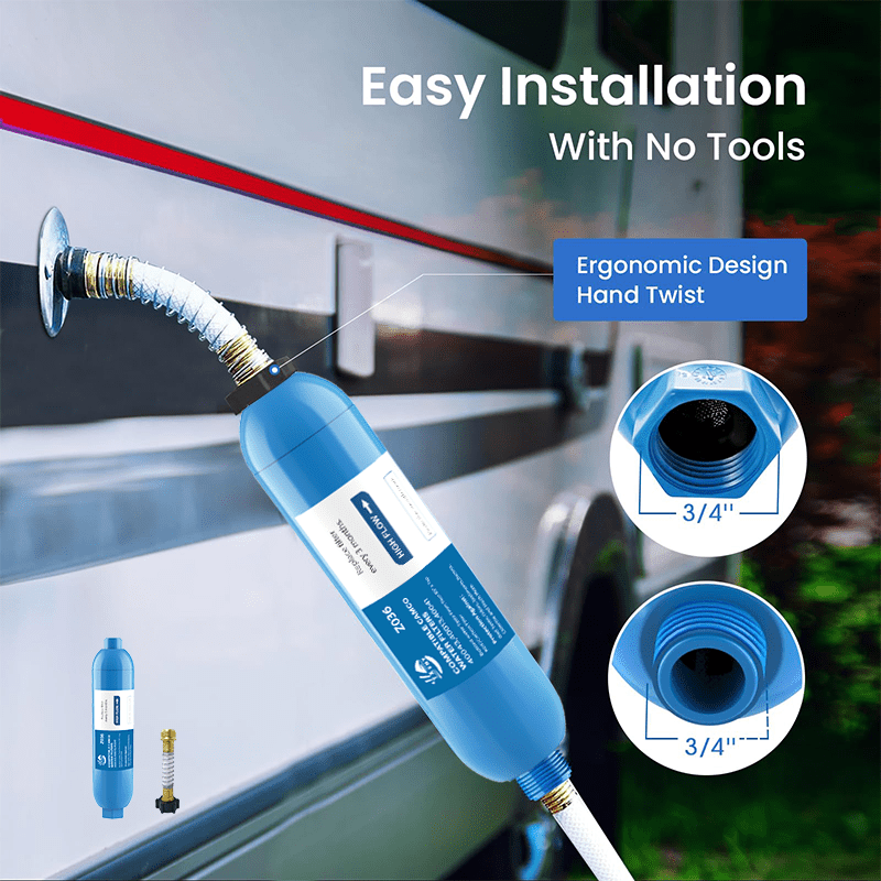 RV Water Filter with Flexible Hose Protector – Inline Hose Filter, Reduces Chlorine, Odors & Sediment, BPA-Free, for RV, Camp