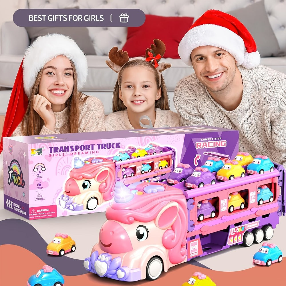 Pink Unicorn Monster Truck Track Set with 8 Princess Cars, Lights & Sounds with the Listed Color, Size or Set Options for Eve