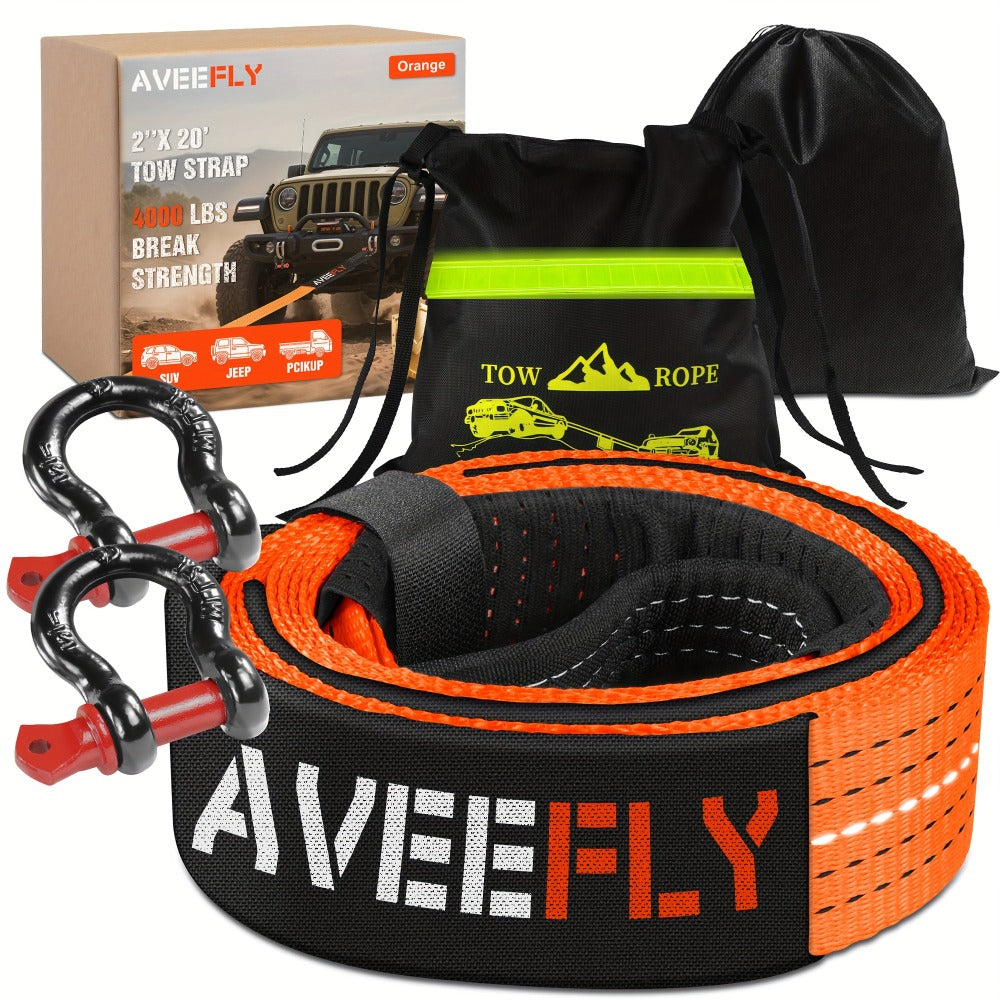 Recovery Tow Strap 4-in-1 Kit 4000-6000 LBS – Off-Road Emergency Strap with D-Ring Shackles, Safety Flag & Storage Bag for Tr