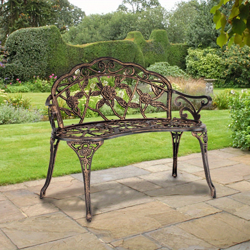 Floral Metal Outdoor Bench with 38.5in Rose-Pattern Seat and Back, Curved Arms and Four Color Options — image 3