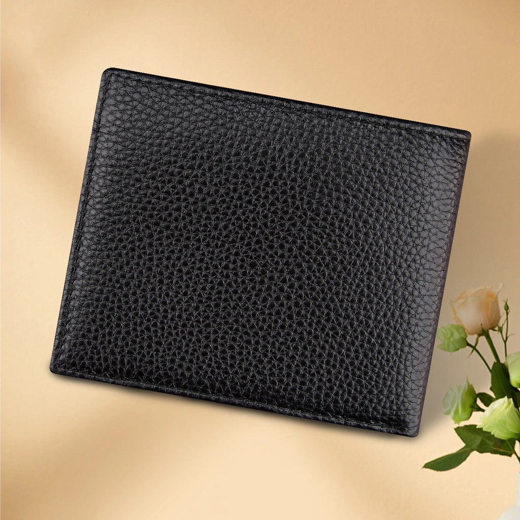 Black Men's Genuine Leather Wallet Cowhide Short Bifold