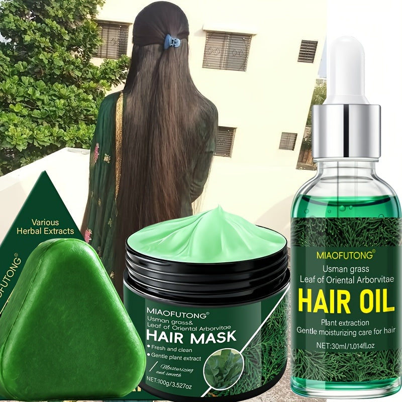 Three-Piece Usman Grass Hair Care Kit with 120g Triangular Shampoo Bar, Oil and Mask Formats — image 13