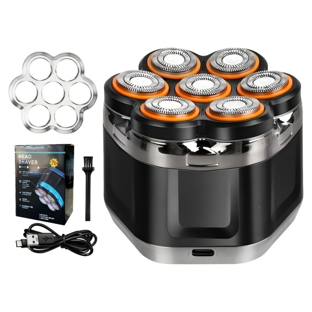 Black 7-Head Rotary Electric Head Shaver with Magnetic Blade Assembly, Digital Display and USB-C Cable — image 1
