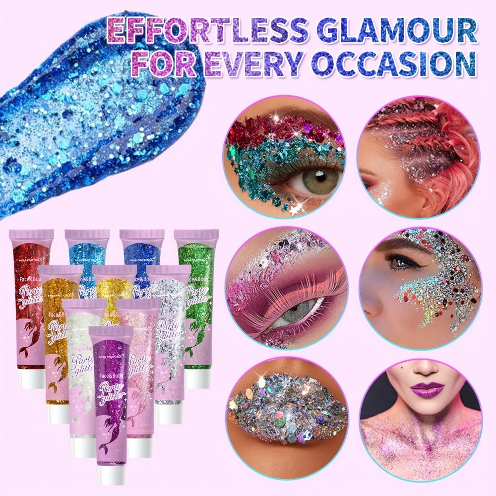 Face Body Glitter Gel Set 30 Pieces – Colorful Shapes Mermaid Sequin Stars Hearts, Transparent Gel Base, Skin-Safe Shimmer Ma