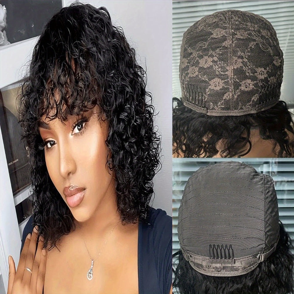 Wavy Elf-Cut Human Hair Wig with Bangs, Rose Mesh Cap and Black 10-Inch Layered Short-Hair Style — image 7