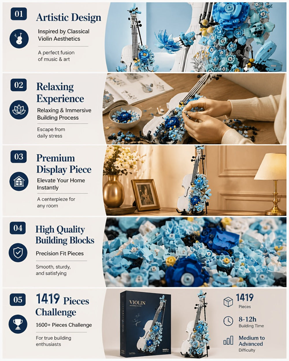 1419-Piece Flower Violin Building Block Model with Brick-Built Stand, Blue Blooms and Panel Detail — image 17