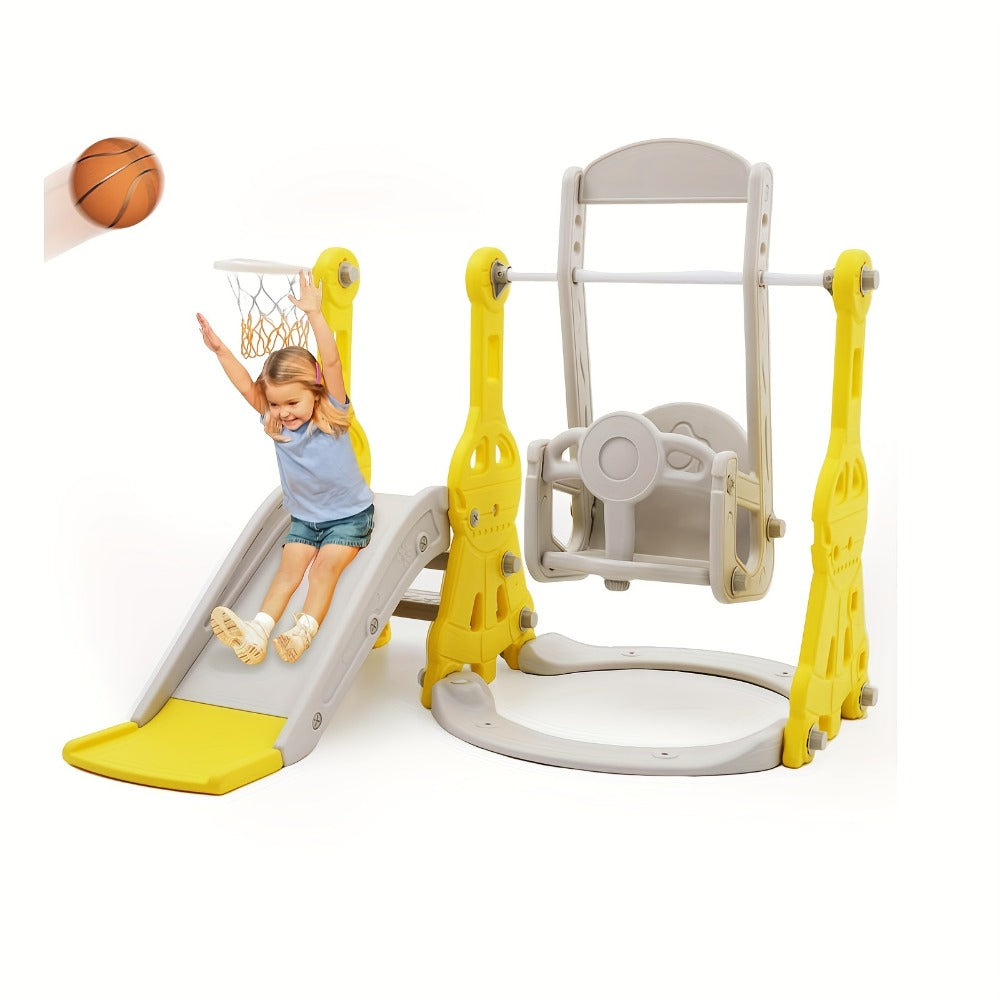 4-in-1 Toddler Slide and Swing Set with Climber Basketball Hoop Outdoor Indoor Backyard Playground Playset for Kids Ages 1-6 