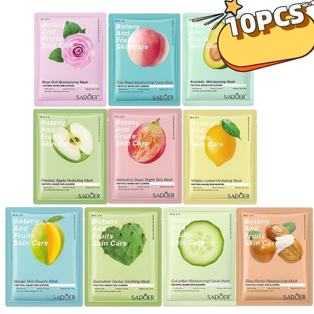 Ten-Piece SADOER Sheet Mask Assortment with Individually Packed Fruit and Rose Pouch Labels — image 3