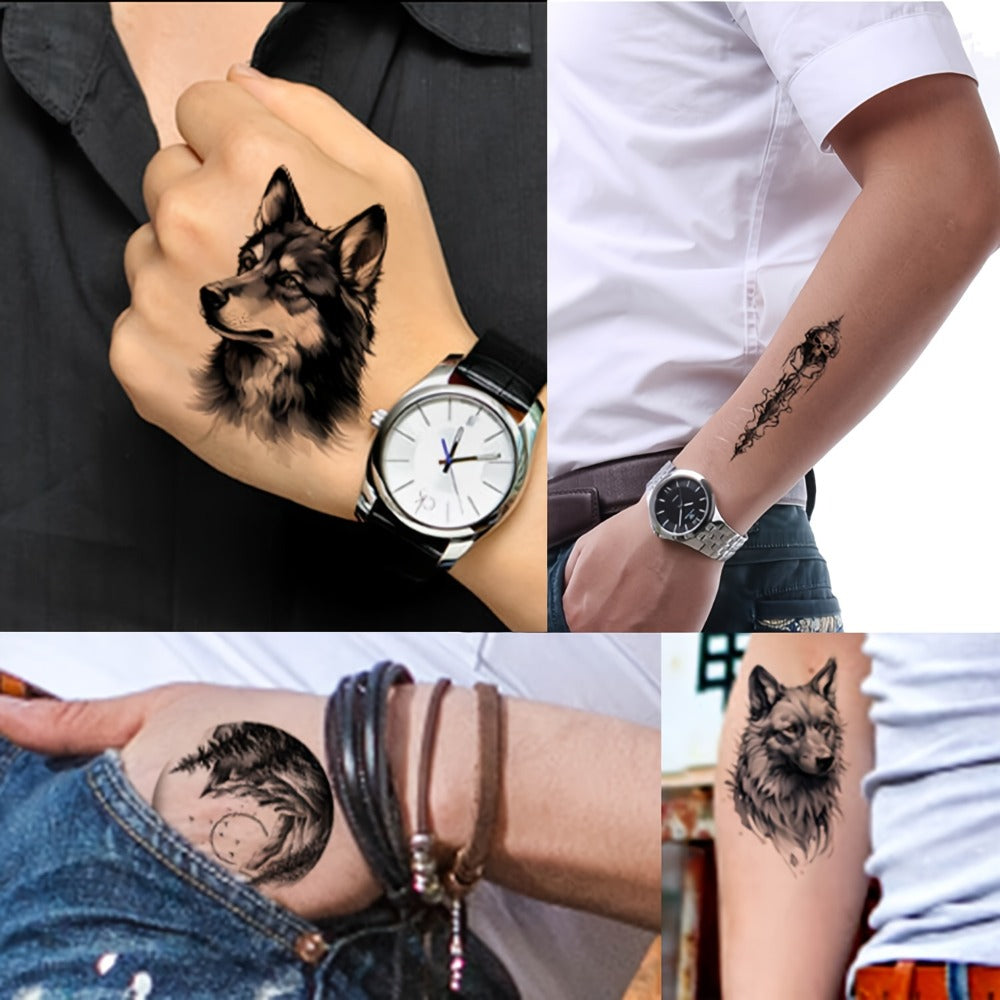 Temporary Tattoos, 44-Sheet Black Animal and Mountain Set with Wolf, Lion and Tiger Designs in Large and Small Sizes — image 