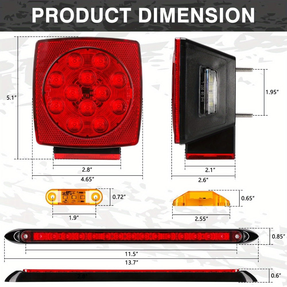 LED Trailer Light Kit with Wire Harness – Tail Lights, Amber Marker Lights & Brake ID Bar, 12V, Fits Boat Trailer Camper Truc