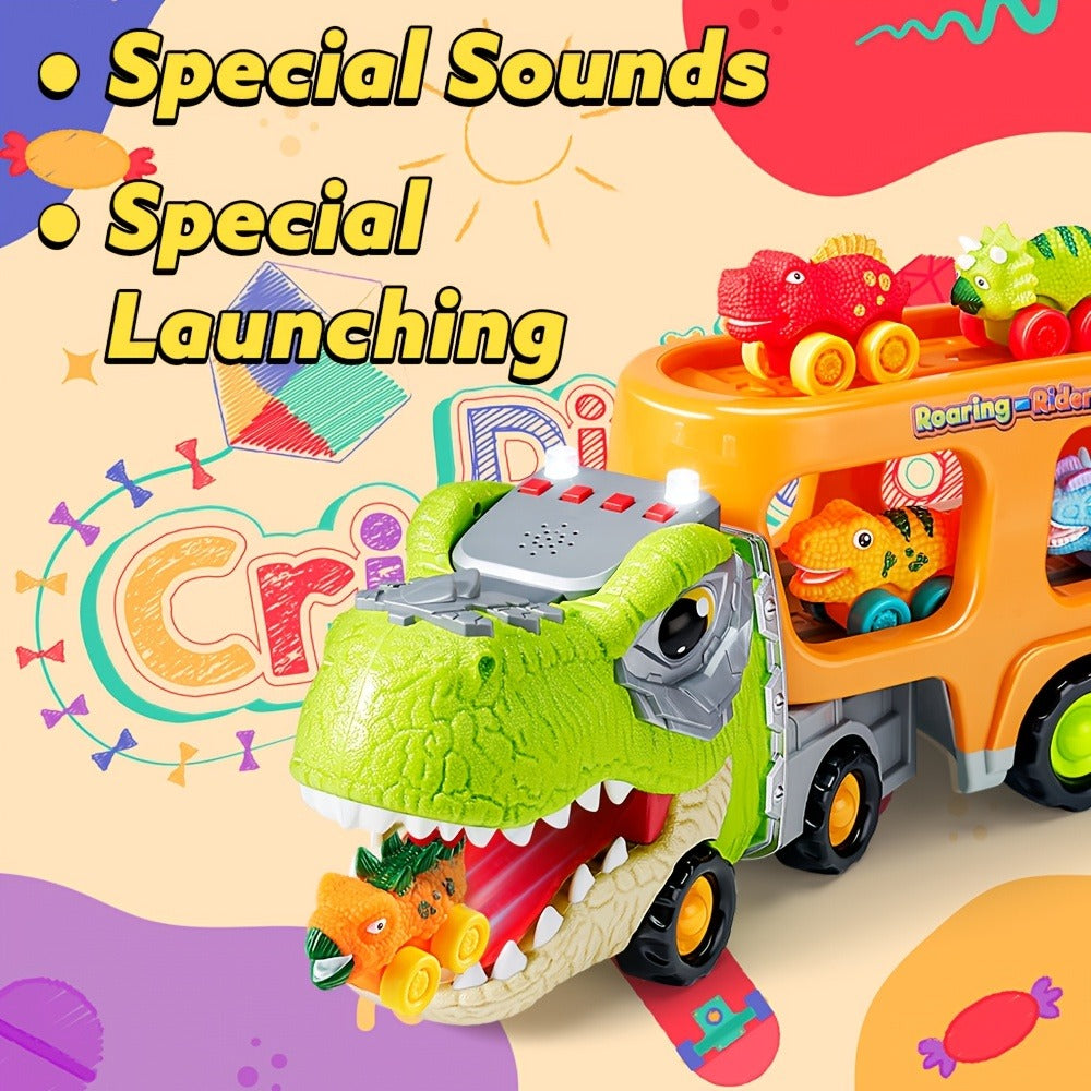 T-Rex Carrier Truck Toy with 6 Mini Rubber Dinosaur Cars LED Lights with the Listed Color, Size or Set Options for Everyday U