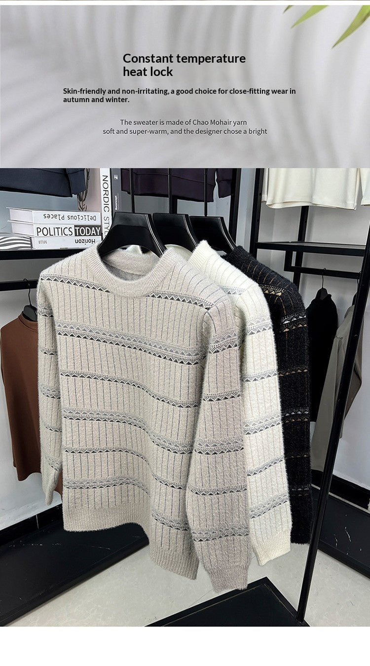 Mens Knitted Fleece-lined Thick Crew-neck Faux Mink Sweater