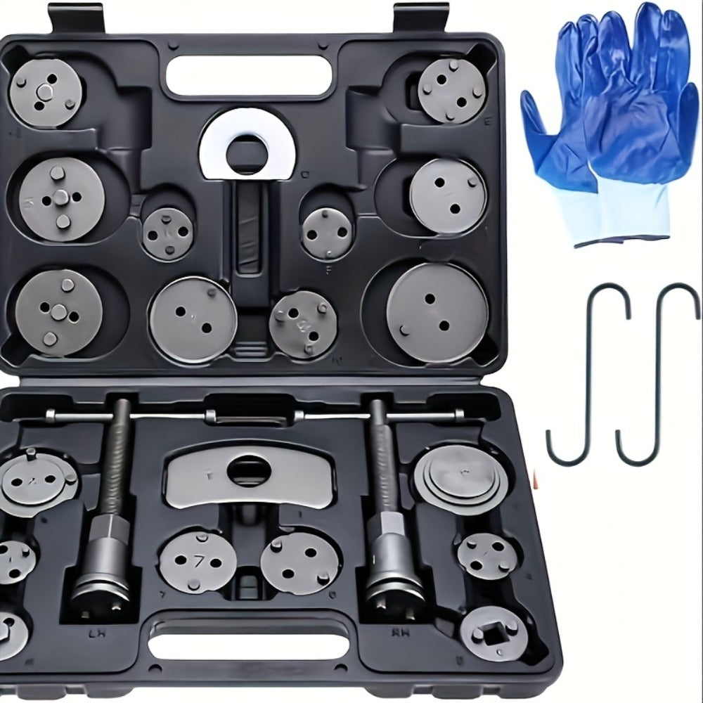 Brake Caliper Wind Back Tool Kit 26-Piece – Brake Caliper Compression Tool Set with 18 Disc Adapters, Thrust Bolt Assemblies 