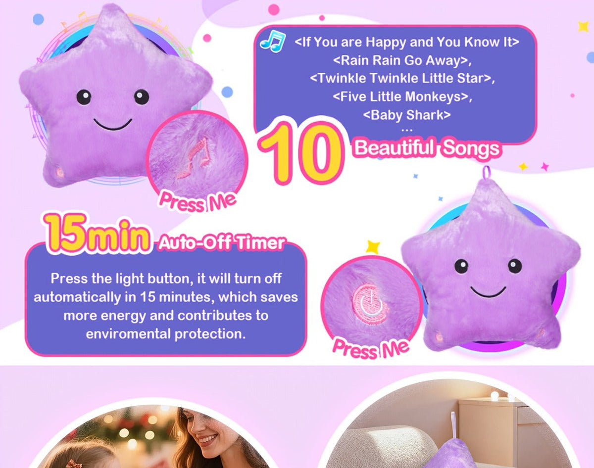 Purple Musical Star Plush Night Light with Color-Changing LEDs, 10 Lullabies, 15-Minute Timer and 13-Inch Design — image 8