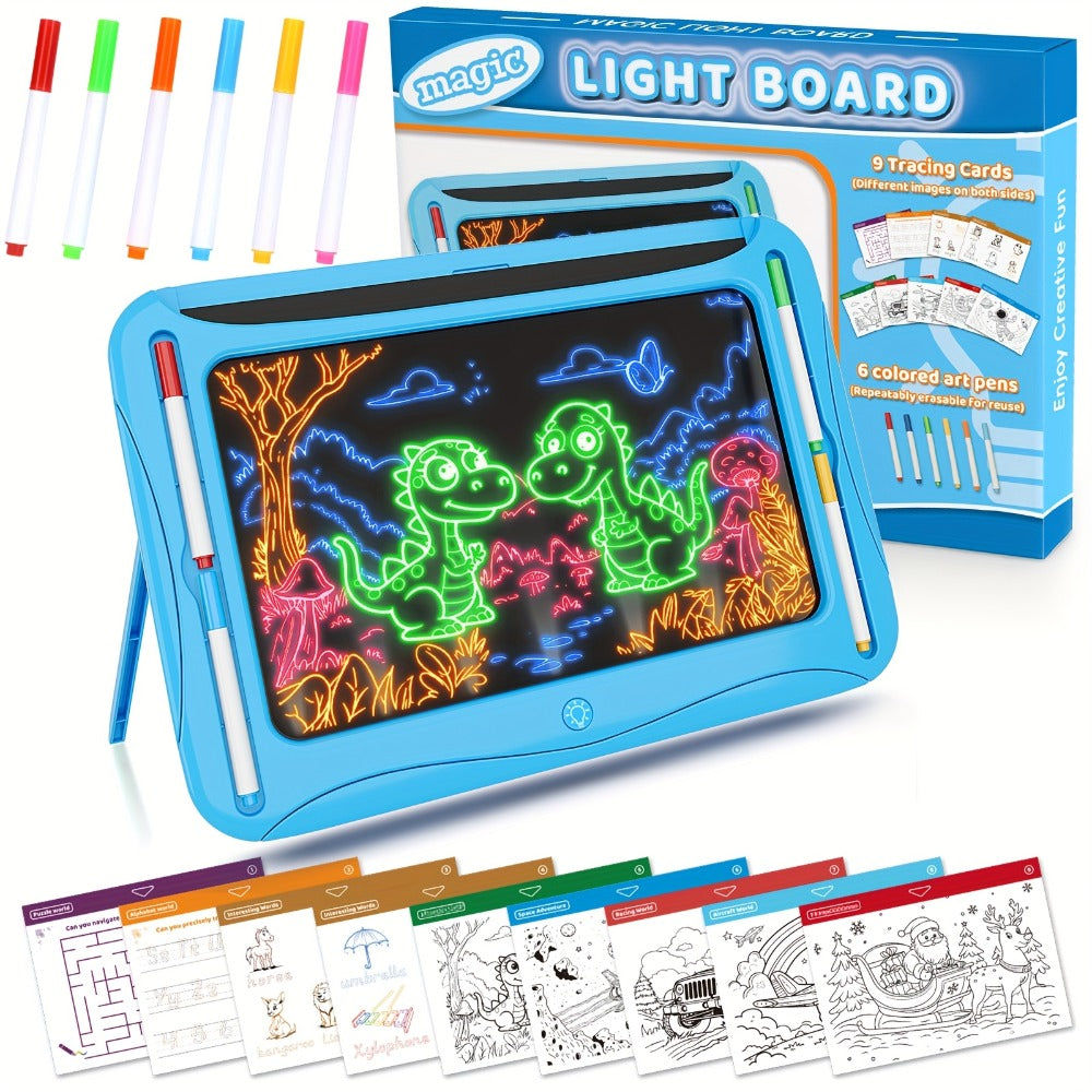LED Light Up Drawing Board for Kids, 9 Double-Sided Tracing Cards 6 Markers Glow Doodle Travel Art Toy for Girls Boys Ages 3-