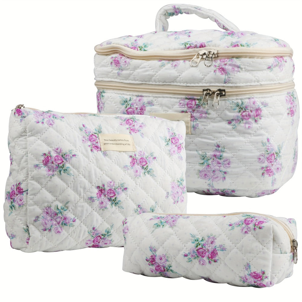 Makeup Bag Three-Piece Quilted Cotton Dual-Layer Floral Pouch Set for Travel, Vanity and Everyday Beauty Storage — image 12