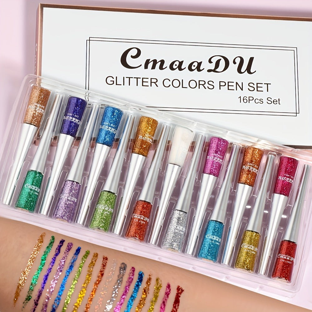 Glitter Liquid Eyeliner Set 16 Colors Waterproof Shimmer Metallic Eye Liner Pen Kit – Long-Lasting Smudge-Proof Sparkle Eye M