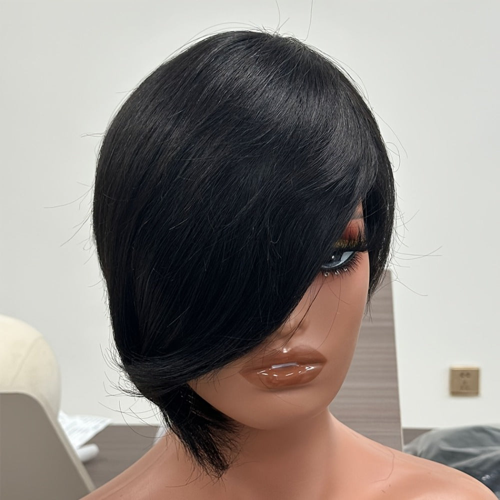 Layered Pixie Human Hair Wig with Side Bangs in #4 Brown, #99J Burgundy or #1 Black Color Options — image 4