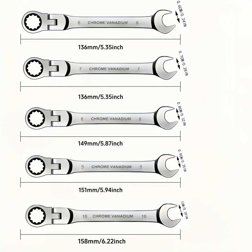 CR-V Flex Head Ratchet Wrench Set 5-Piece – 2-in-1 Reversible Open End & Hex Socket Dual-Purpose Kit | Automotive Engine Bay,