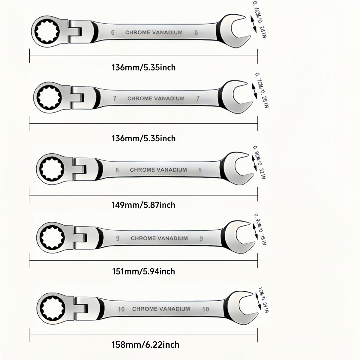 CR-V Flex Head Ratchet Wrench Set 5-Piece – 2-in-1 Reversible Open End & Hex Socket Dual-Purpose Kit | Automotive Engine Bay,