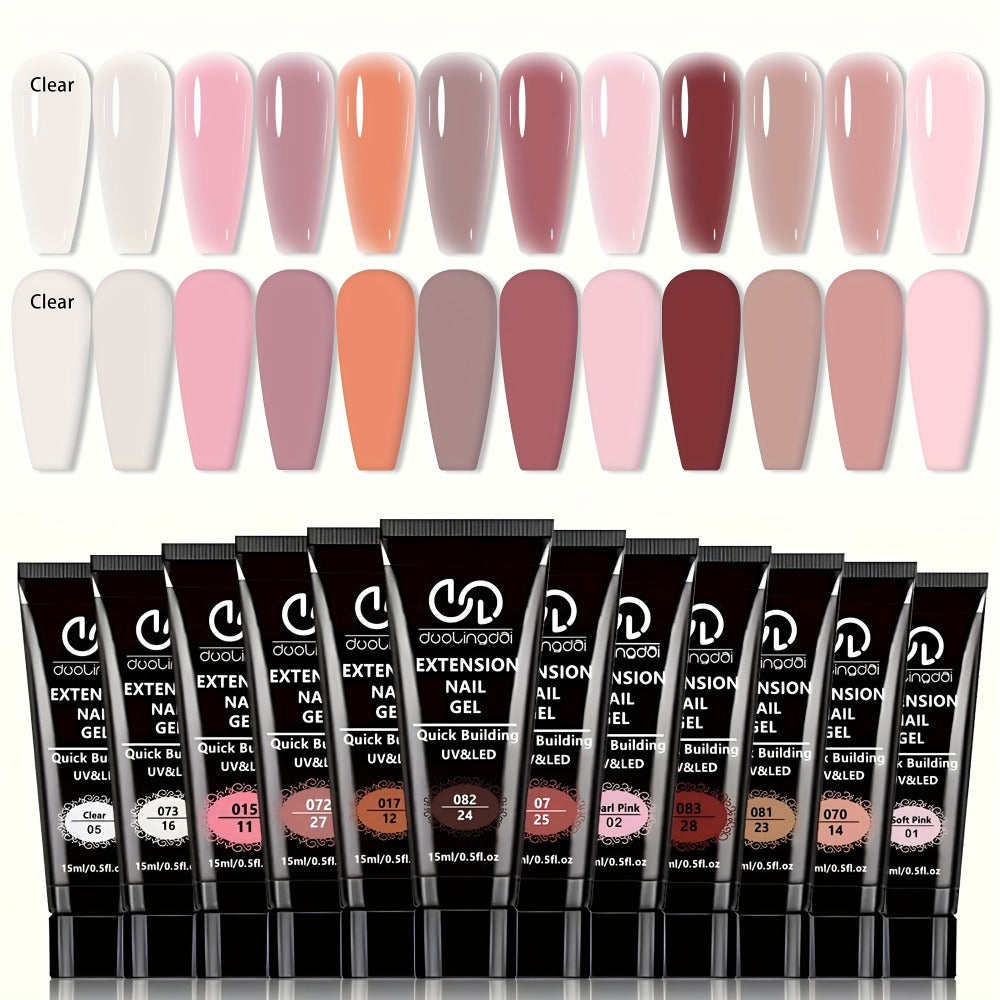 Twelve-Color Poly Extension Gel Tube Set with Nude, Pink, White and Clear Shades for UV or LED Nail Art and Extensions — imag