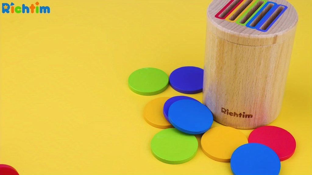 Wooden Color Sorting Coin Box Toy for Toddlers 1+, Montessori Educational Sensory Learning Toy with 10 Colorful Blocks & Stor