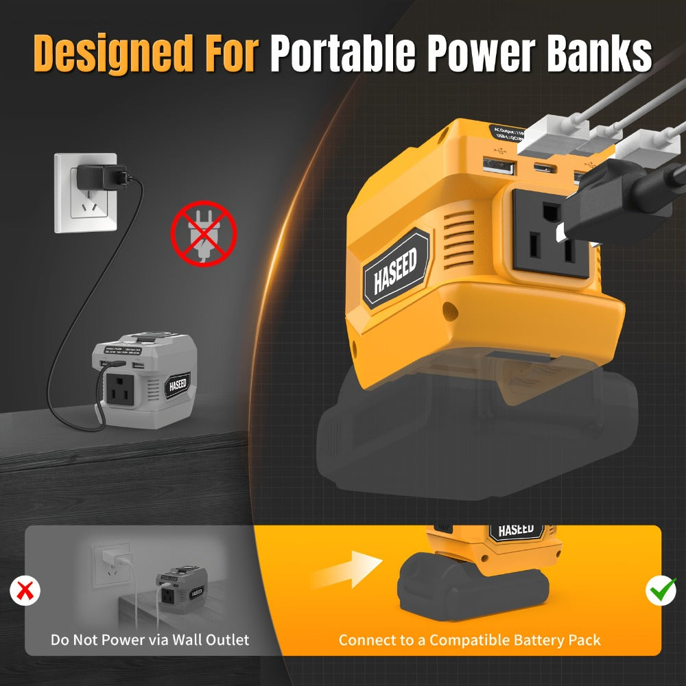 Portable Power Inverter 200W – DeWalt 20V Battery Compatible, DC to AC 110V, 2 USB + Type-C Fast Charging, 400LM Work Light, 