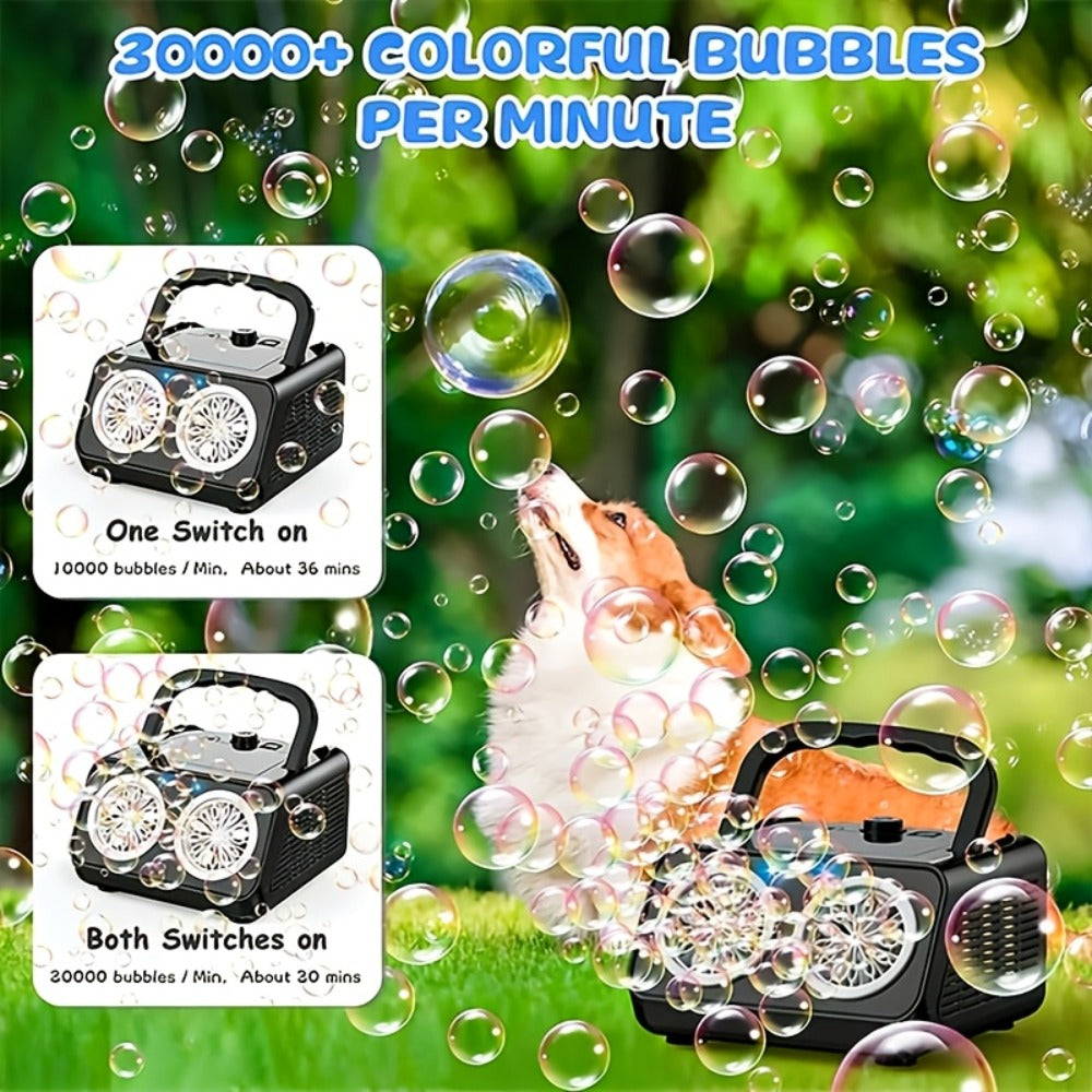 White Dual-Wheel Bubble Machine with Material Thickened Label, Handle, USB Port and Battery Compartment — image 5
