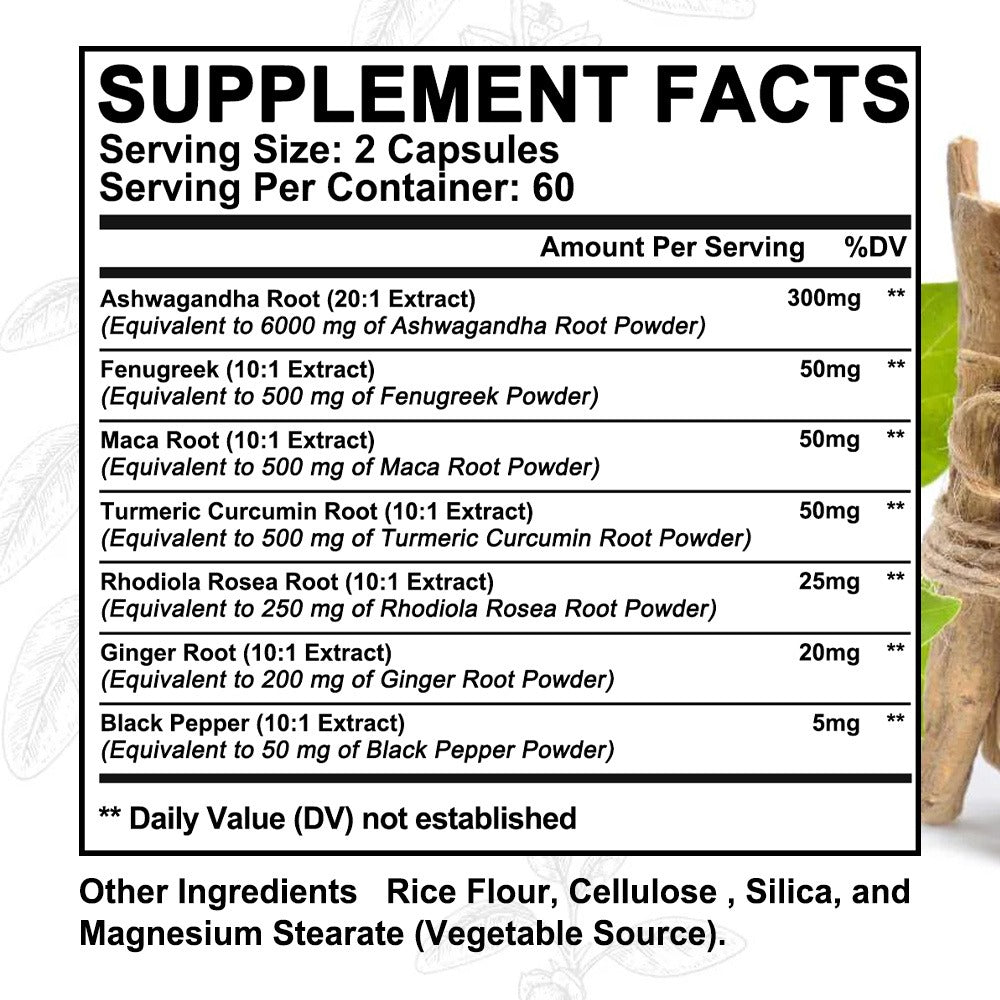 Ashwagandha Capsules 7-in-1 Adaptogen Blend 120ct with Maca Root Rhodiola Rosea Ginseng for Bath Time, Home Spa and Personal 