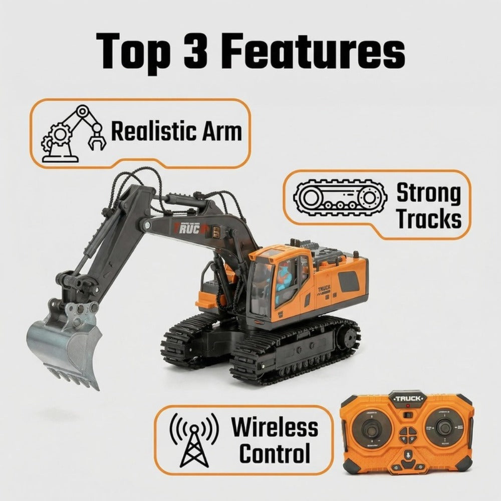 RC Excavator Toy 1:24 Scale 2.4GHz 9-Channel Remote Control with Alloy Metal Cap Lights & Sound Rechargeable Battery — image 