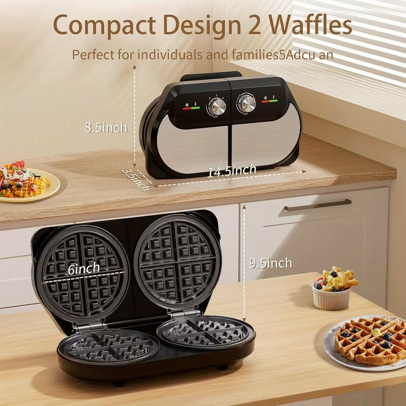 6-Inch 1400W Double Belgian Waffle Maker with Nonstick Plates