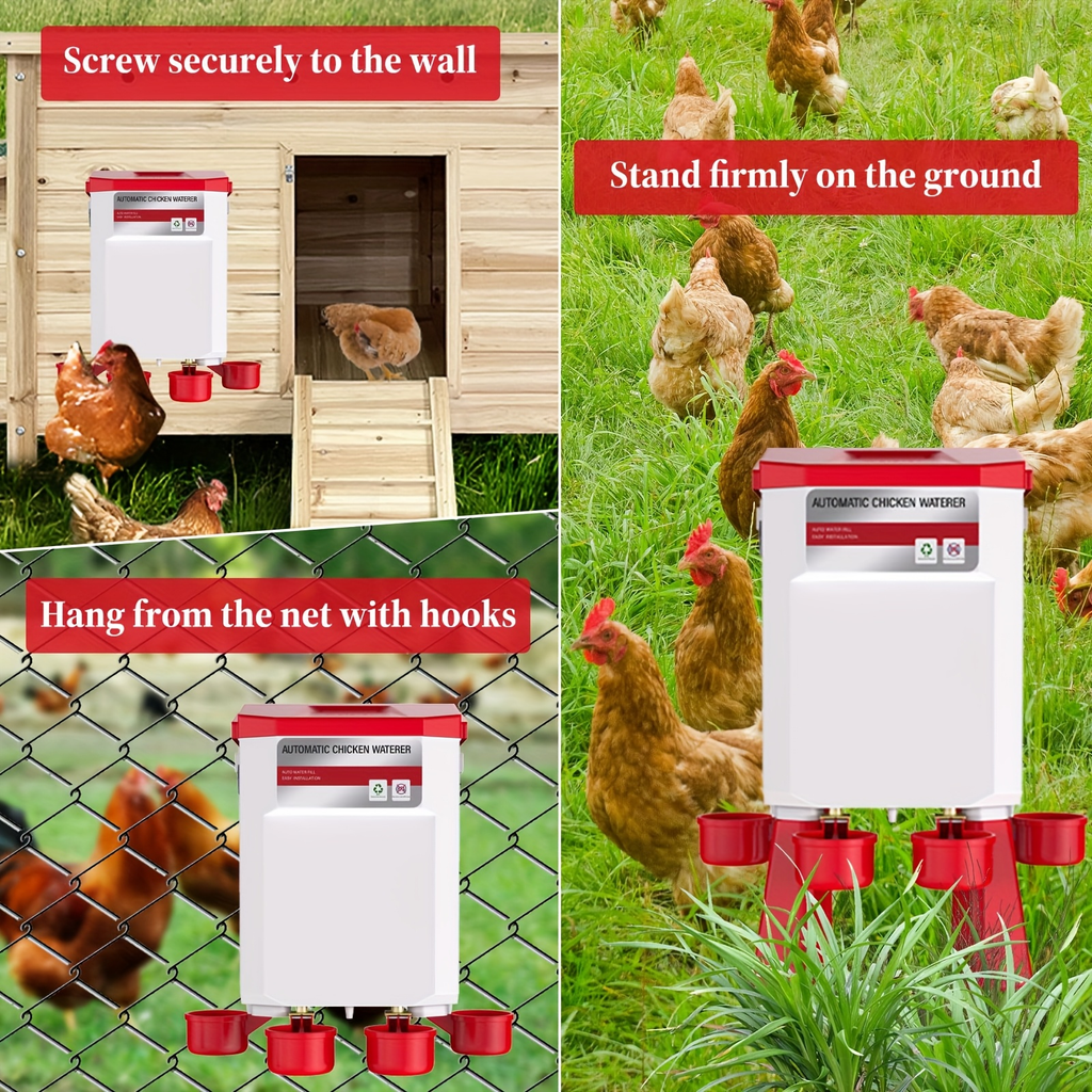 Hose-Connected Automatic Poultry Waterer with Float Valve, Four Cups and Red or Teal Color Options — image 9